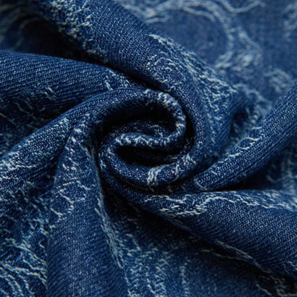 Button-Down Denim V-Neck Dress with Scroll Paisley Pattern - Picture 6 of 8